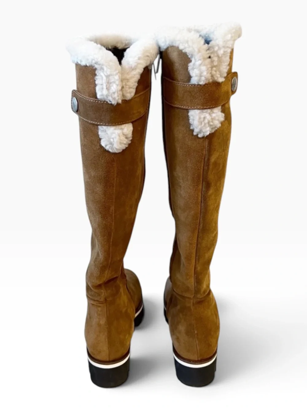 Aquatalia MYA Suede Waterproof Lug Sole Shearling Tall Boots Walnut Brown Size 7
